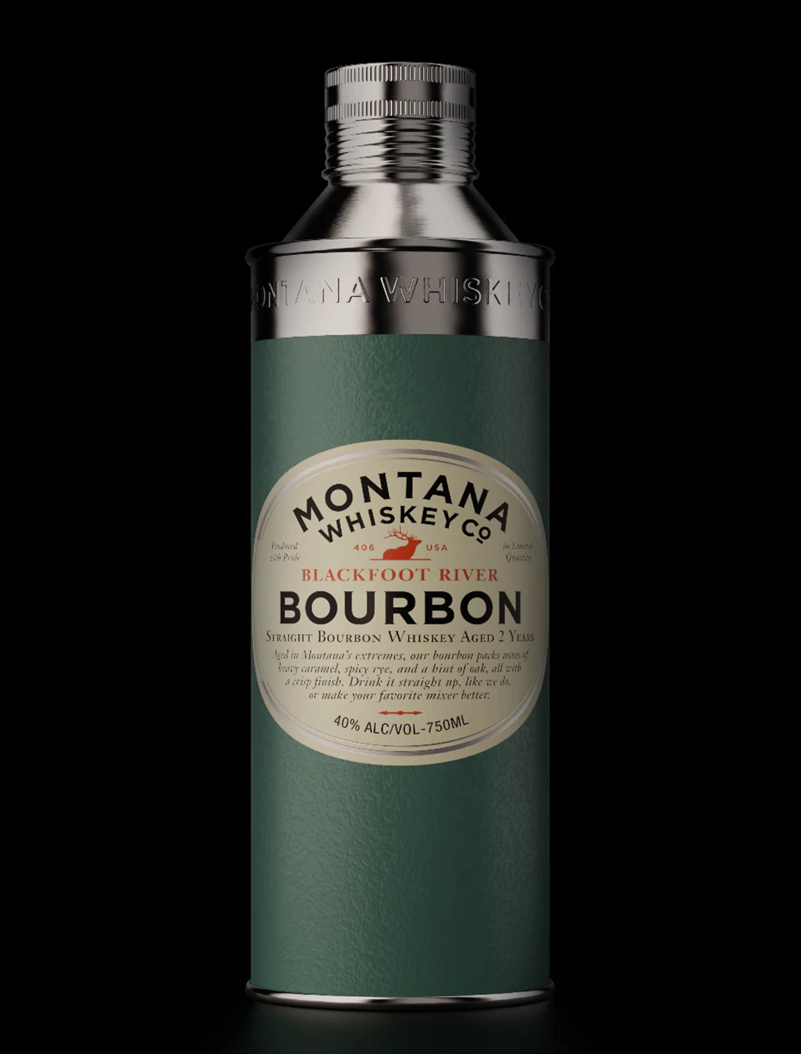 Green and silver Montana Whiskey Co. Blackfoot RIver Bourbon can isolated on a black background