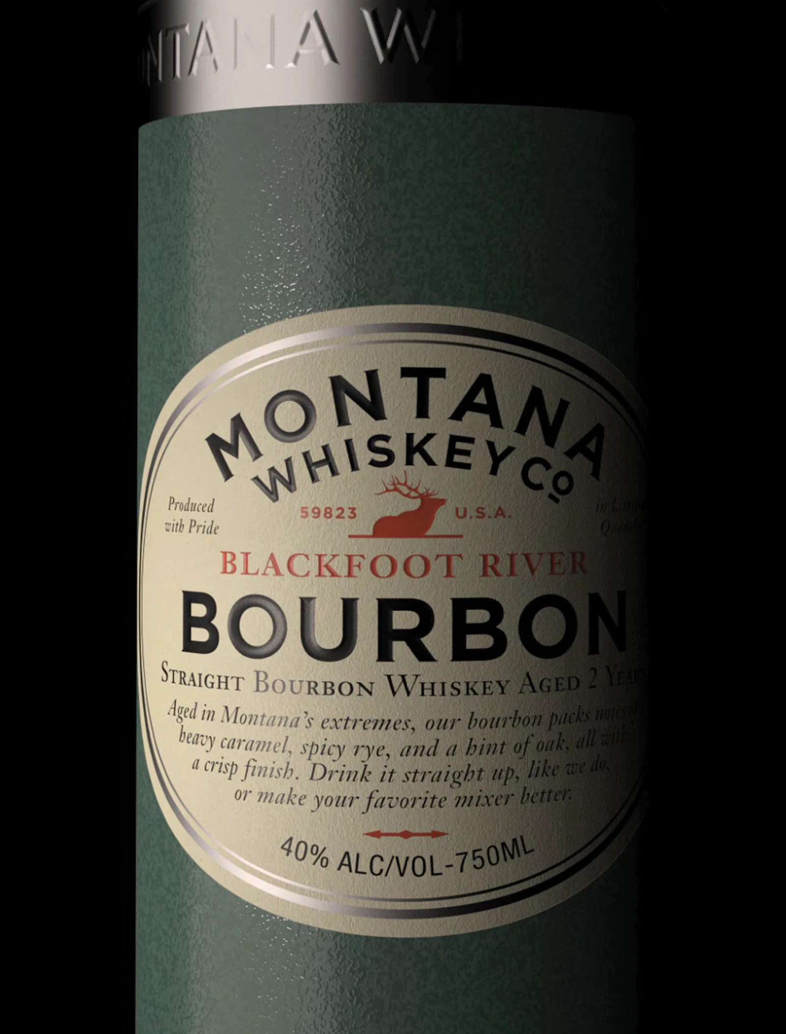 Closeup of label on Montana Whiskey Co. Blackfoot RIver Bourbon can isolated on a black background