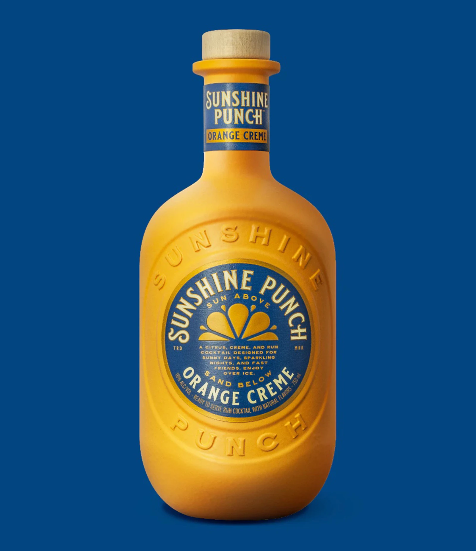 Orange and blue bottle of Sunshine Punch Orange Creme cocktail on a blue background